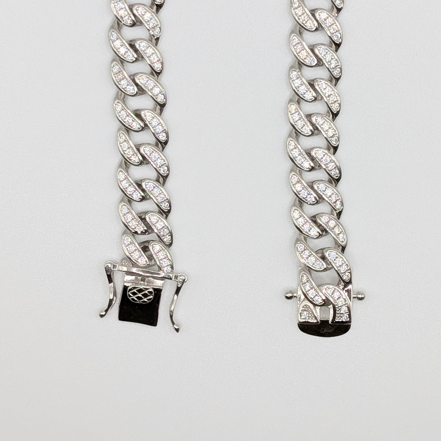 Sterling Silver Iced Curb Cuban Chain Bracelet Clasp Closure.