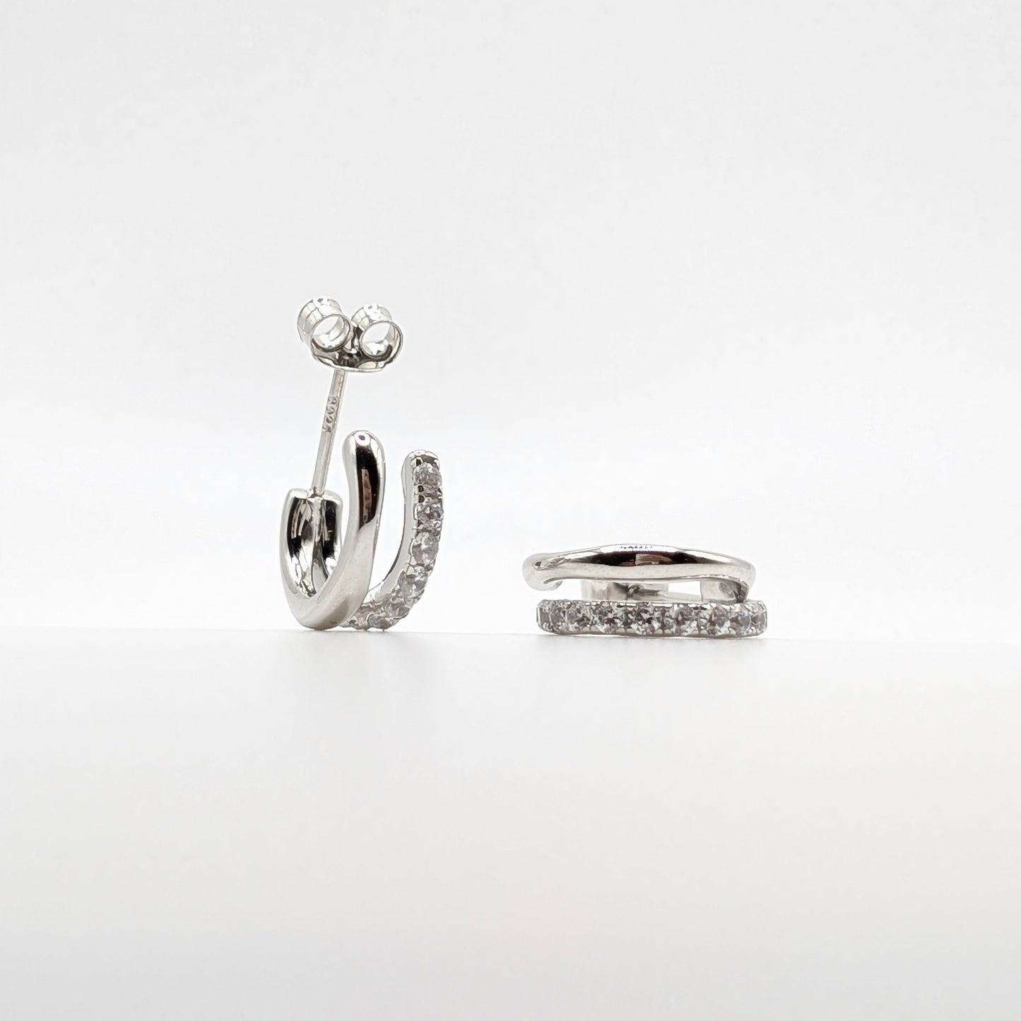 925 Sterling Silver Semi Hoop Studs with Zircon