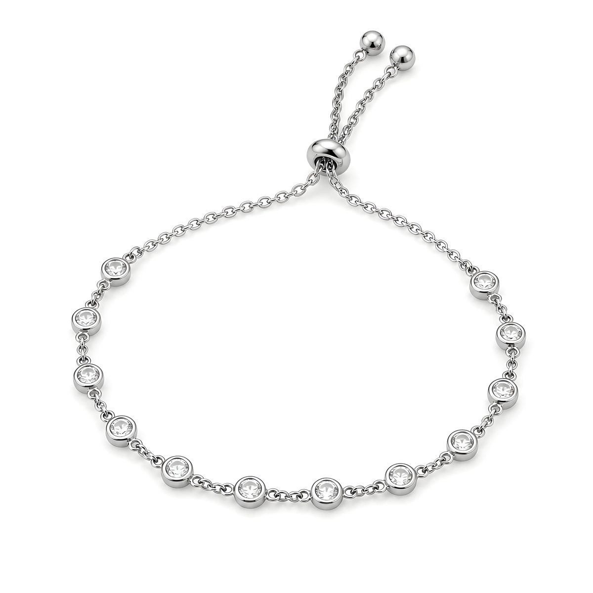 A sterling silver bracelet featuring small clear cubic zirconia in round shape.