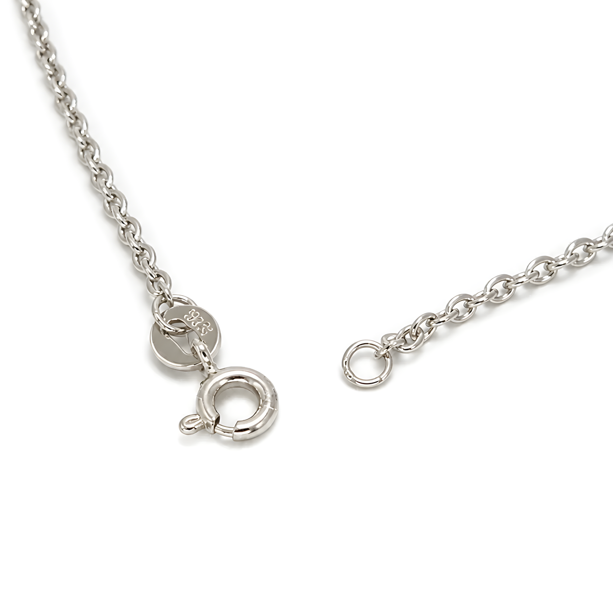 Silver chain necklace with a spring clasp and a round tag.