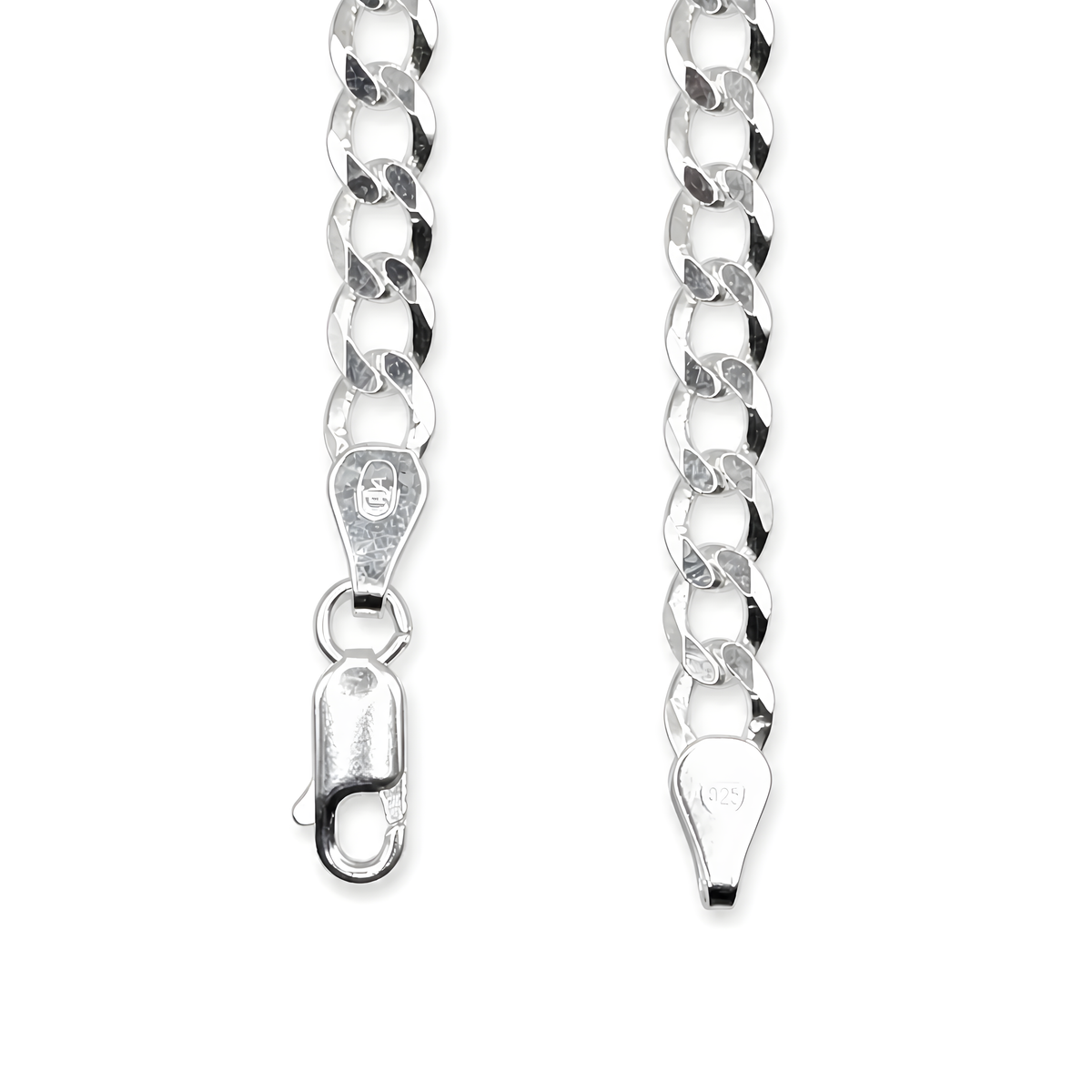 Silver chain necklace showing the curb link style, a lobster clasp closure, and a sterling silver hallmark.