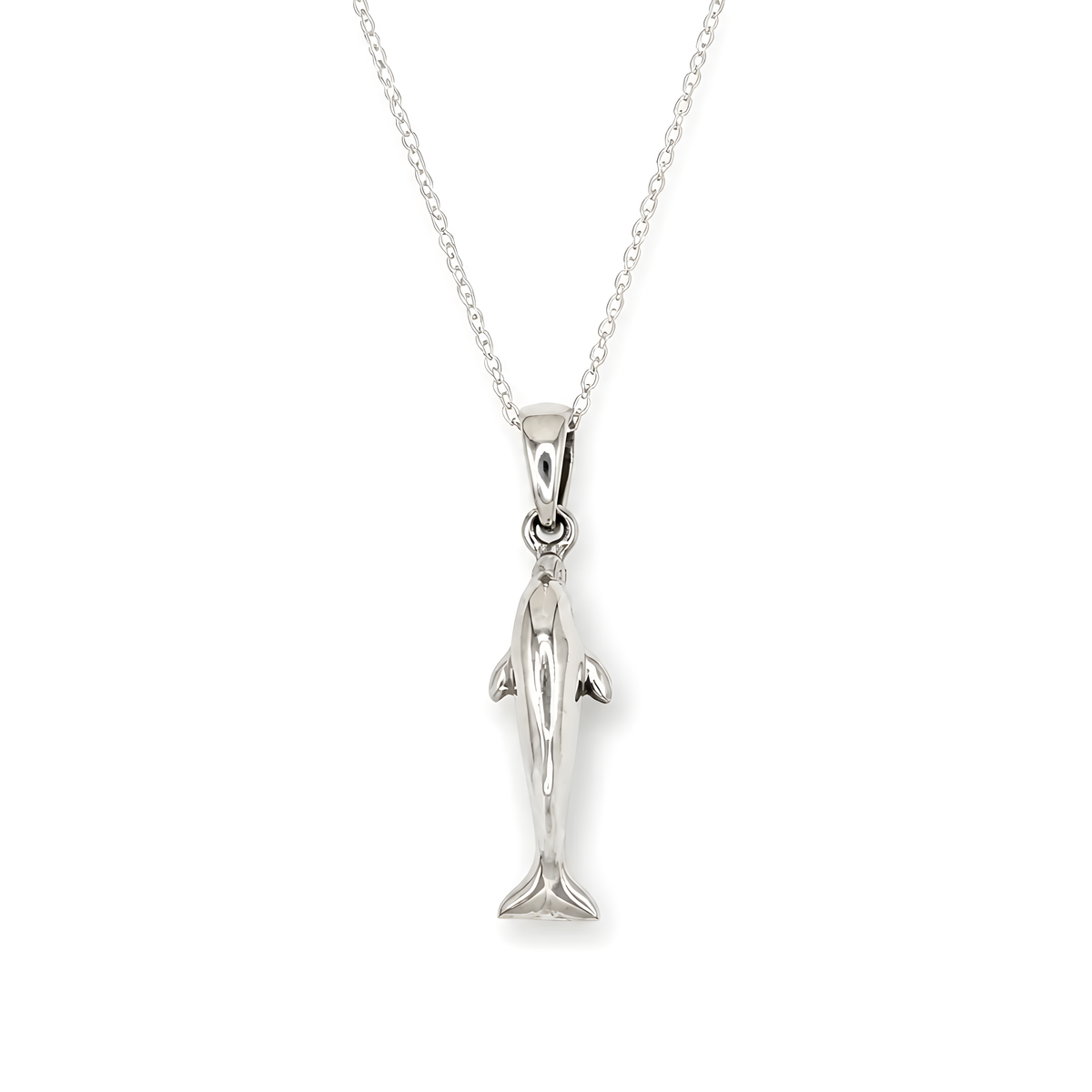 A 925 silver dolphin pendant necklace on a delicate silver chain.