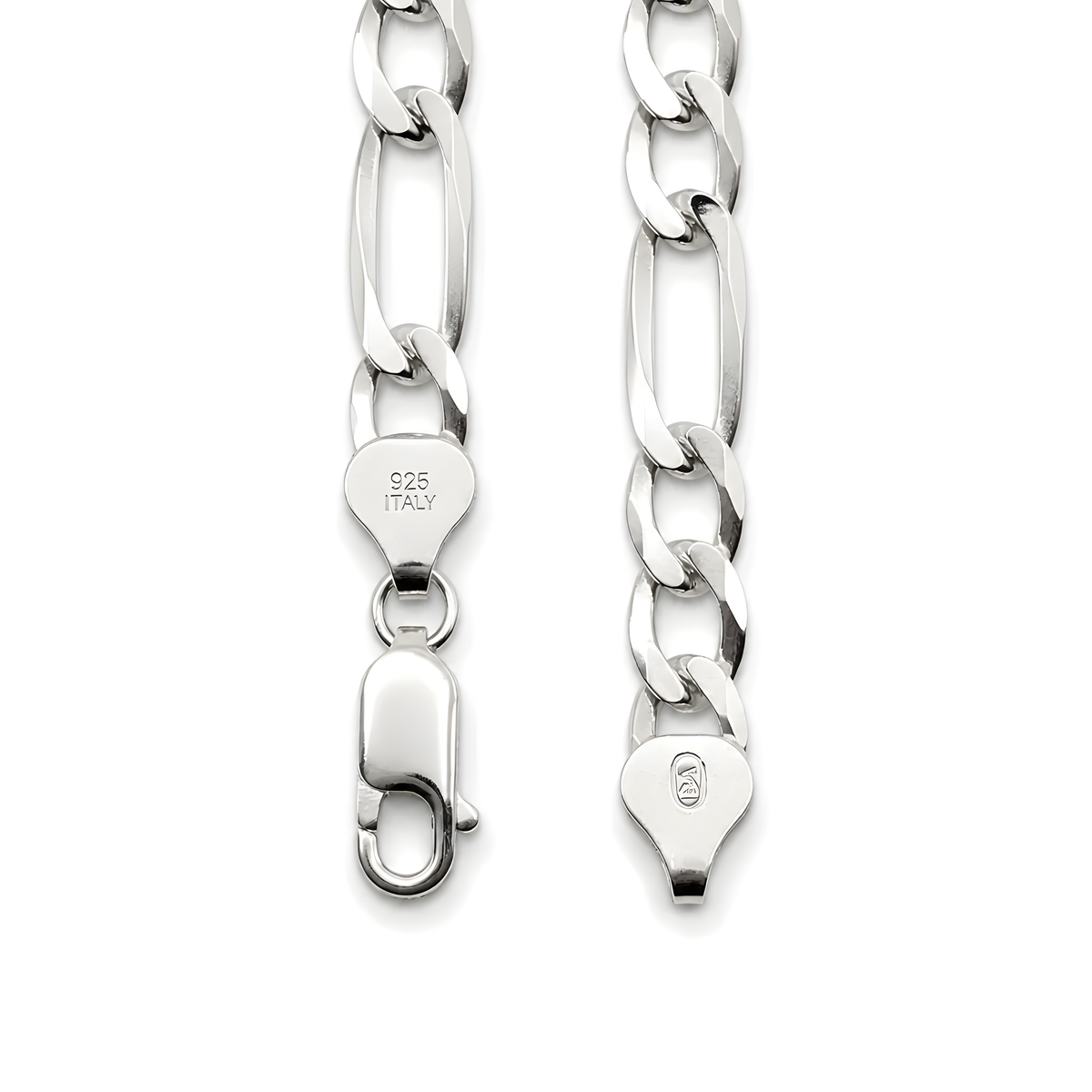 A close-up of a polished silver chain necklace with elongated links and lobster clasp ends.