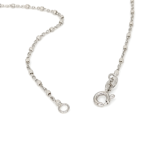 A silver beaded chain necklace with a lobster clasp.