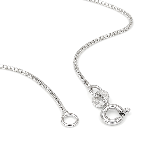 A sterling silver box chain necklace with a lobster clasp.