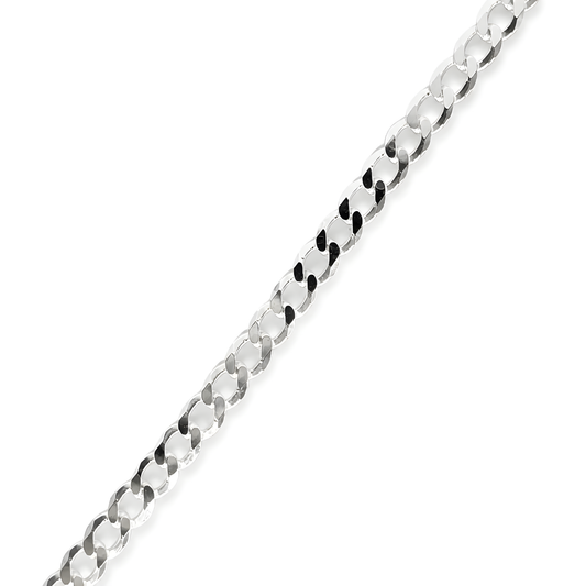 Polished sterling silver chain necklace with flat, circular links.
