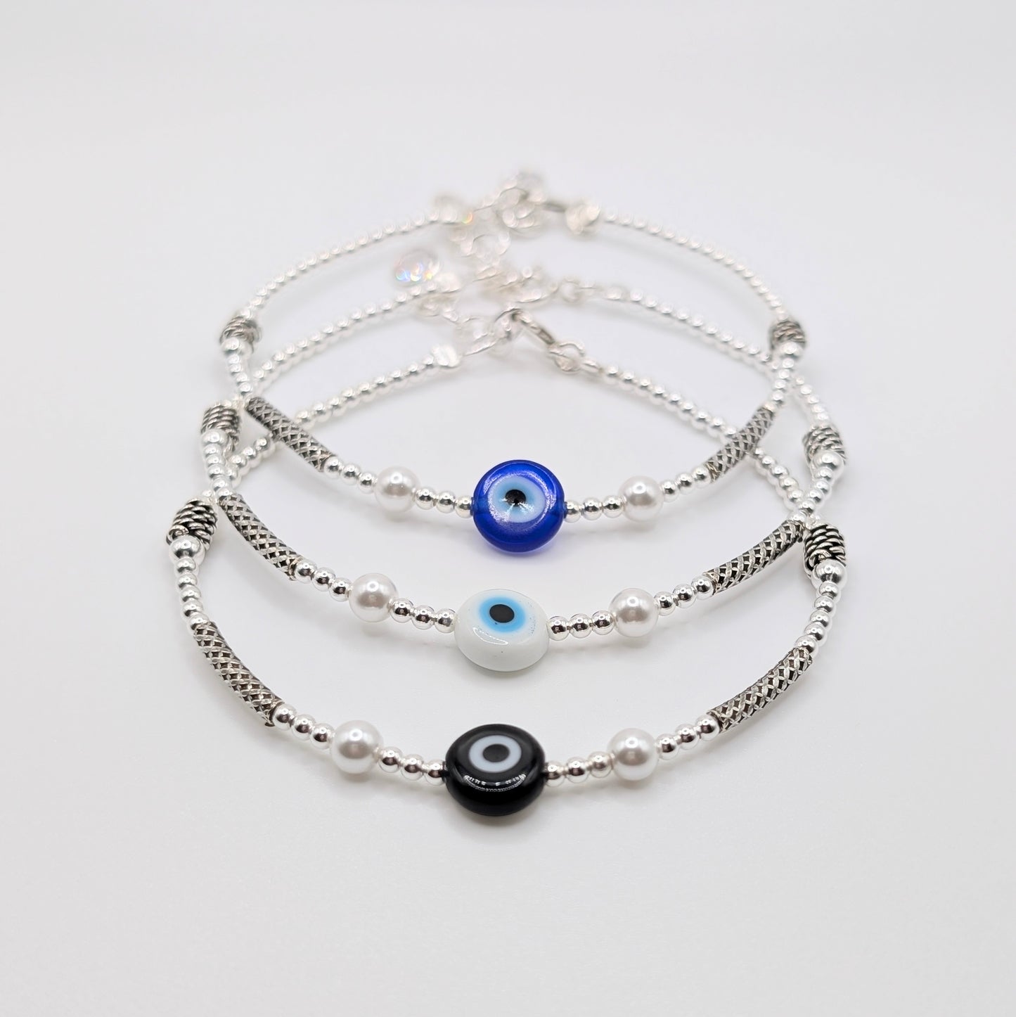 925 Sterling Silver Evil Eye Bracelet Assorted in colors Black, White & Blue