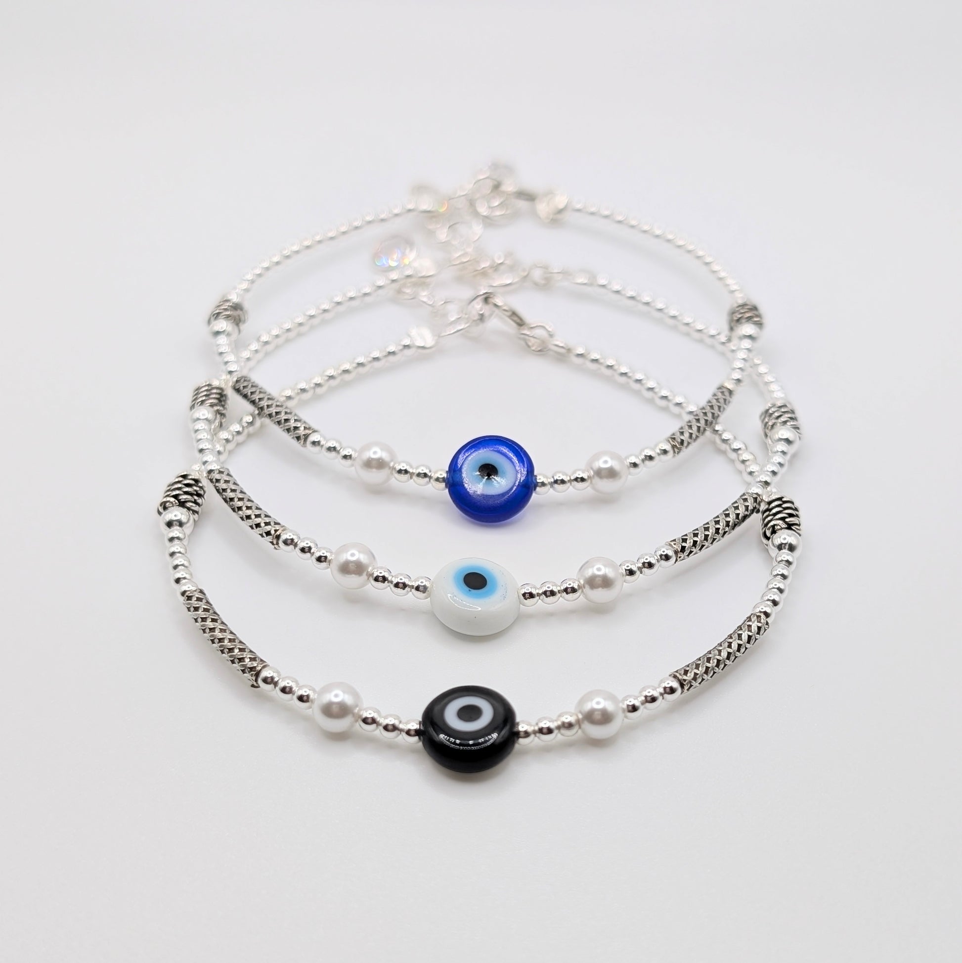 925 Sterling Silver Evil Eye Bracelet Assorted in colors Black, White & Blue