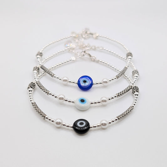925 Sterling Silver Evil Eye Bracelet Assorted in colors Black, White & Blue