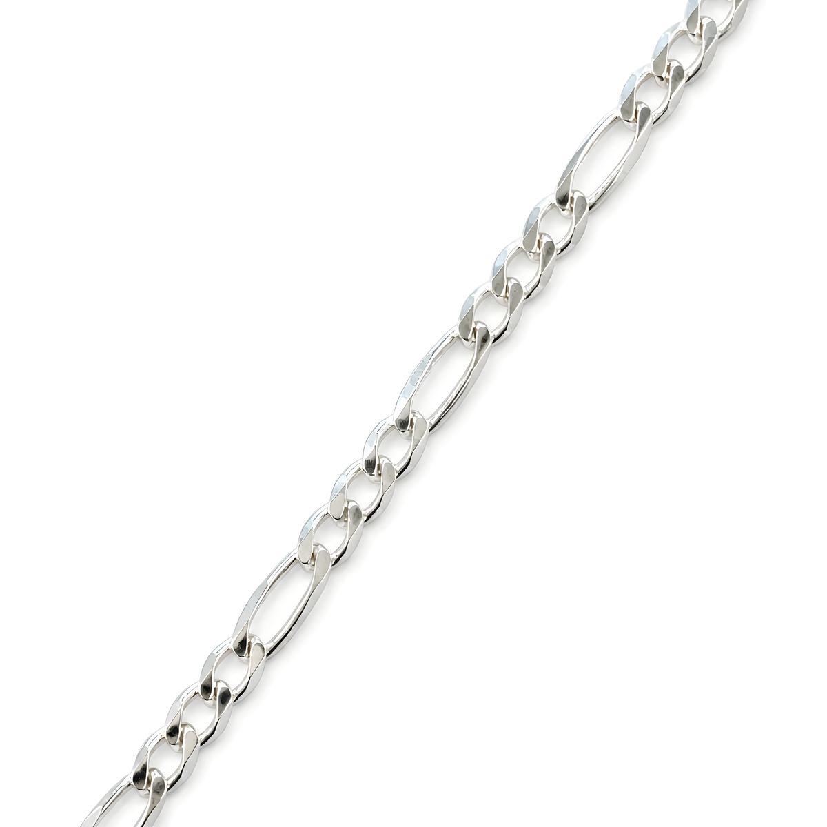 A close-up of a 925 sterling silver Figaro chain link necklace.