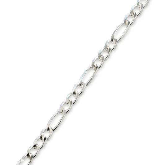 A close-up of a 925 sterling silver Figaro chain link necklace.