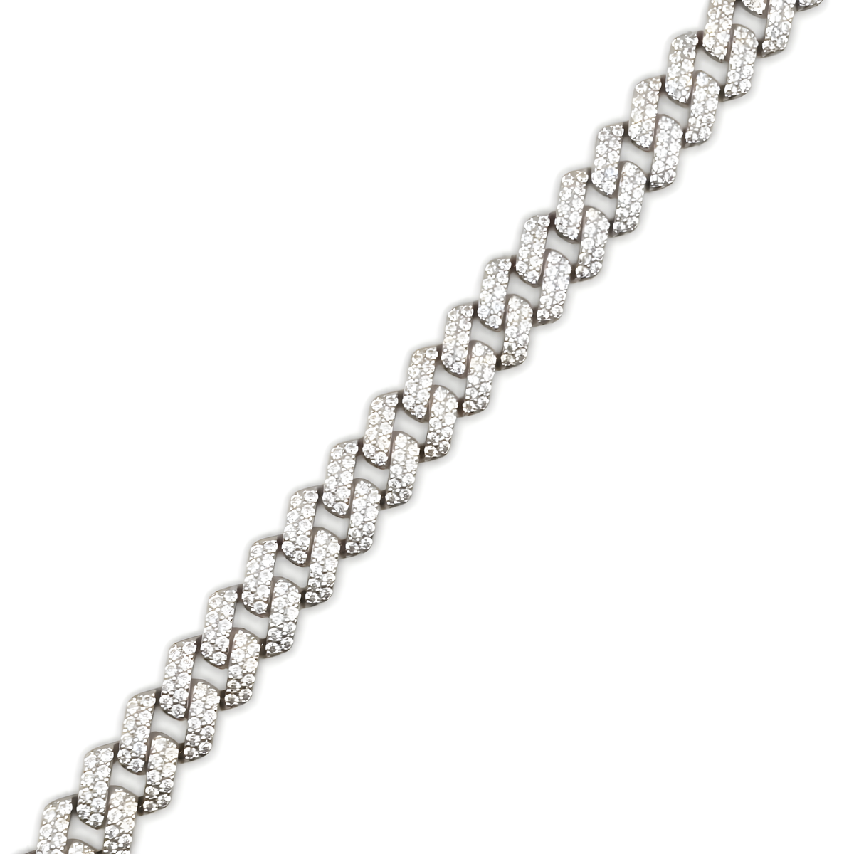 A silver-toned chevron chain link bracelet paved with small cubic zirconia.