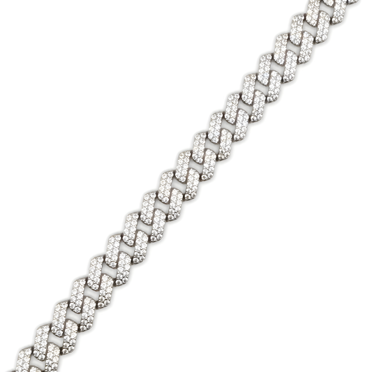 A silver-toned chevron chain link bracelet paved with small cubic zirconia.