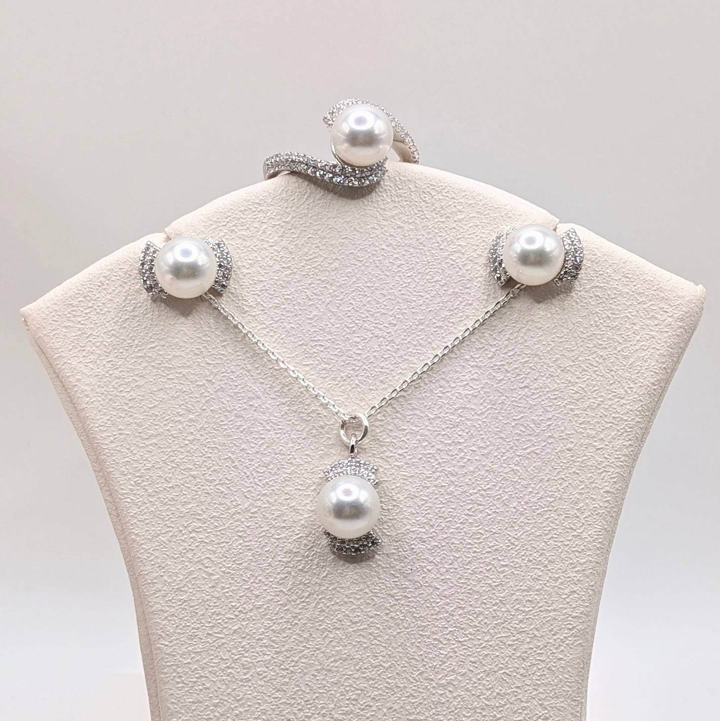 925 Sterling Silver Pearl Necklace Set with Pearl Pendant, Earrings and a Ring