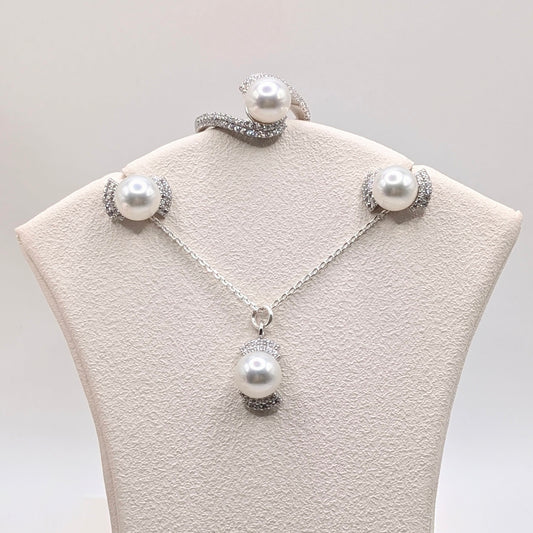 925 Sterling Silver Pearl Necklace Set with Pearl Pendant, Earrings and a Ring