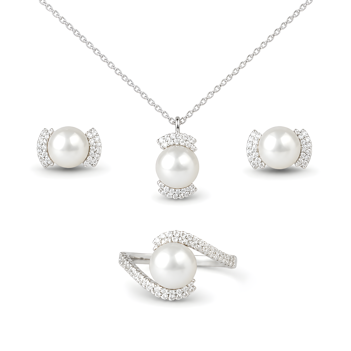 A four-piece pearl jewelry set featuring a pendant necklace, two matching stud earrings, and a ring, all in silver with clear pavé stones. 