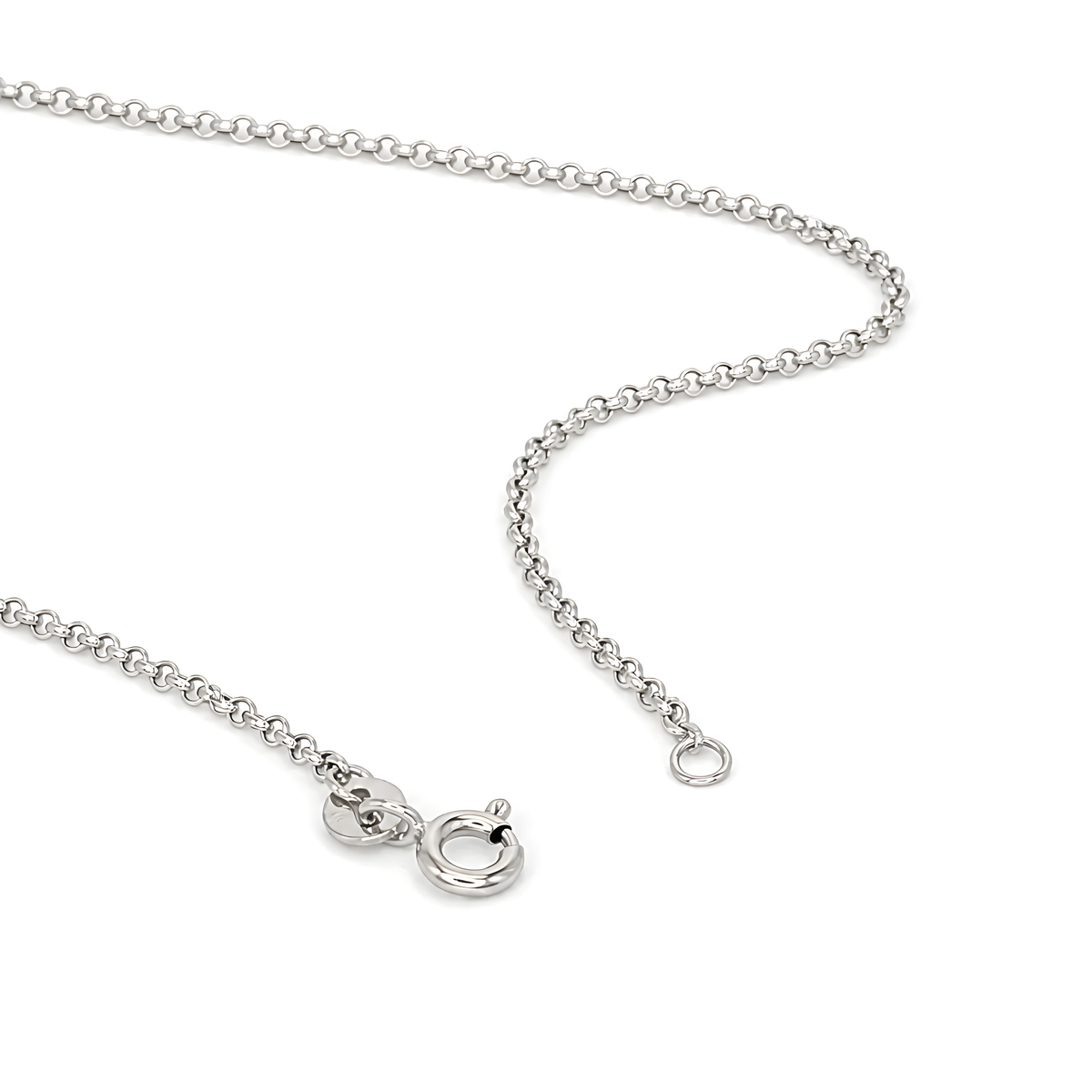 A silver chain necklace with a spring clasp.
