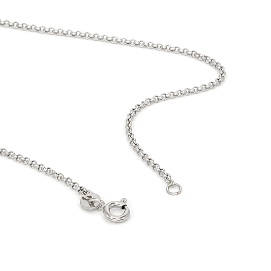 A silver chain necklace with a spring clasp.