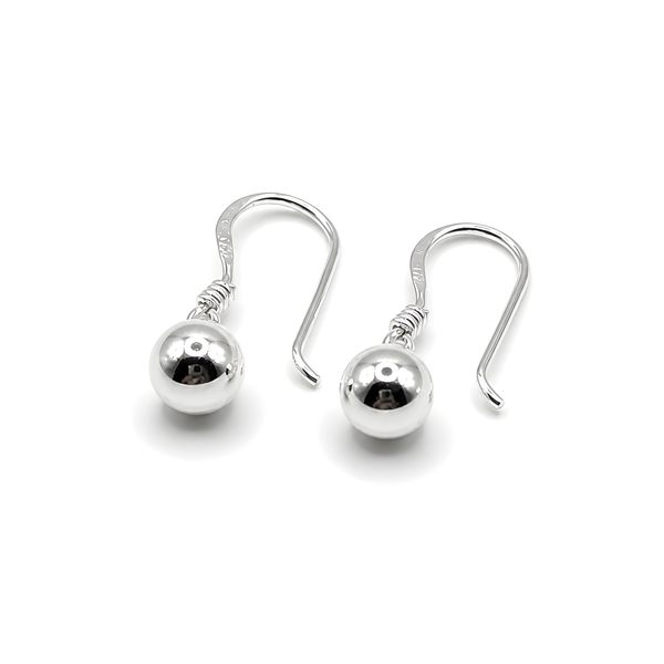 A pair of silver drop earrings featuring polished spherical beads suspended from French hook ear wires.