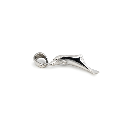 A polished silver dolphin charm pendant with a polished finish.