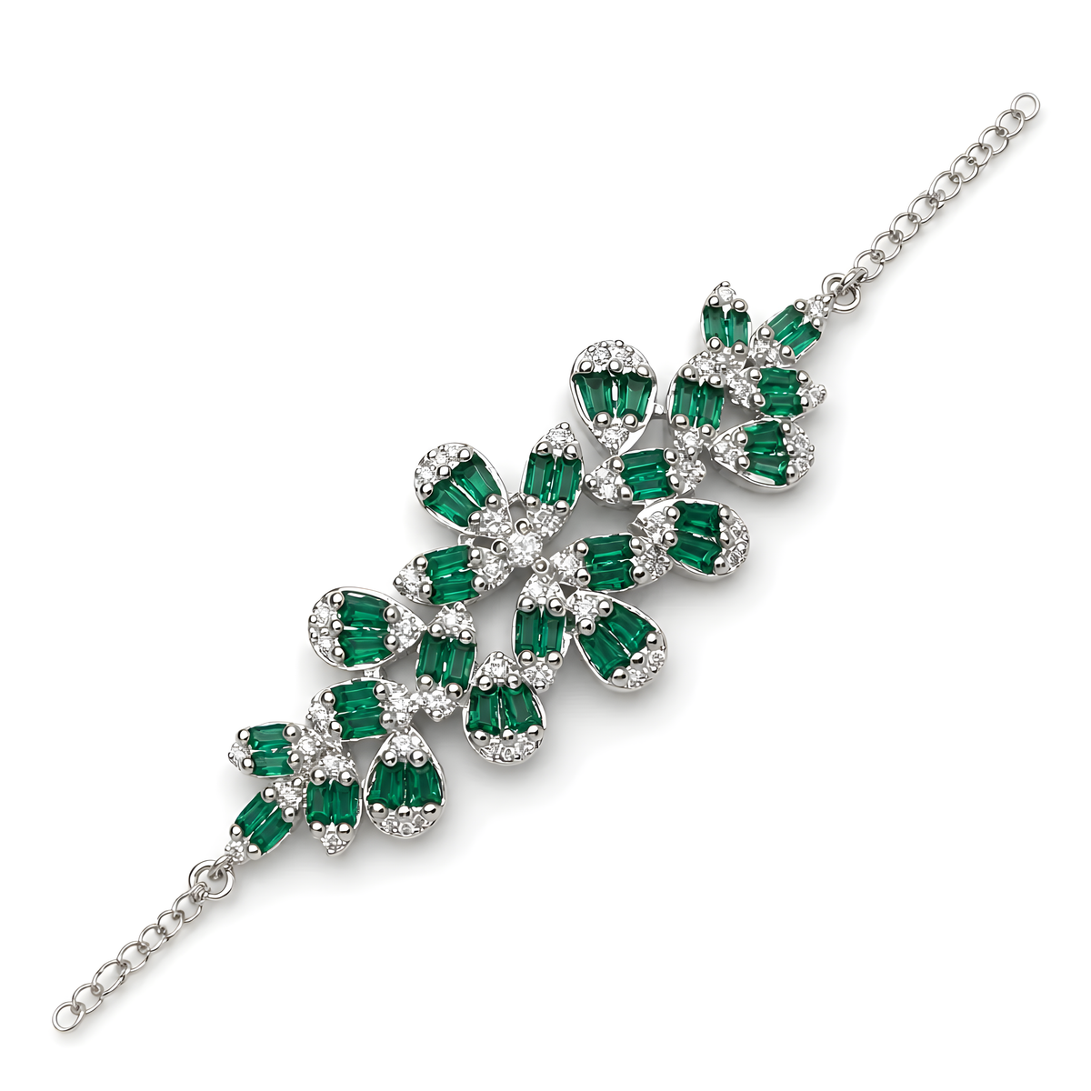 A sterling silver bracelet featuring a floral arrangement of emerald-cut green gemstones and clear baguette and round stones.