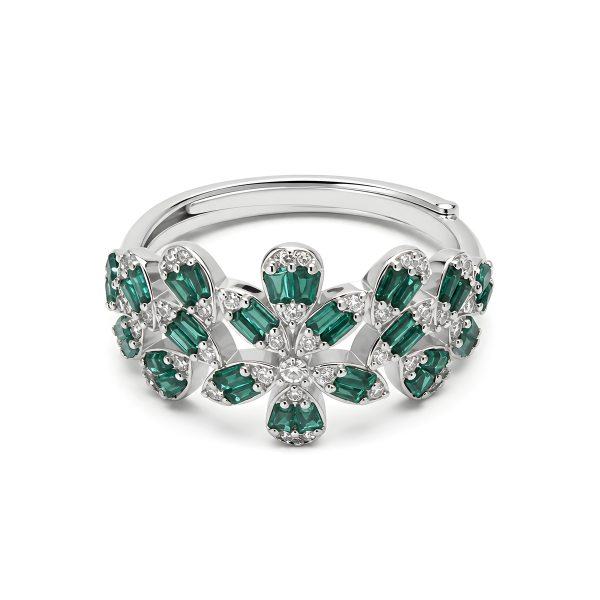 A sterling silver ring featuring a floral design set with emerald-cut green cubic zirconia and small clear accent stones.