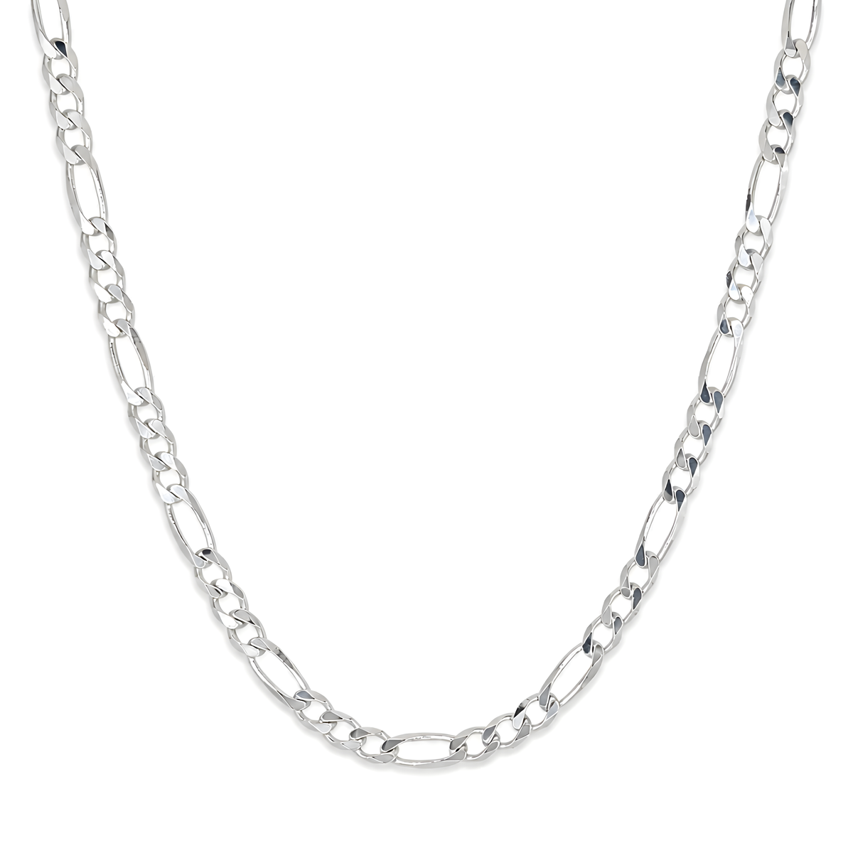 A 925 sterling silver Figaro chain necklace with alternating elongated oval links and smaller alternating links.