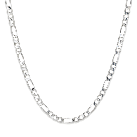A 925 sterling silver Figaro chain necklace with alternating elongated oval links and smaller alternating links.