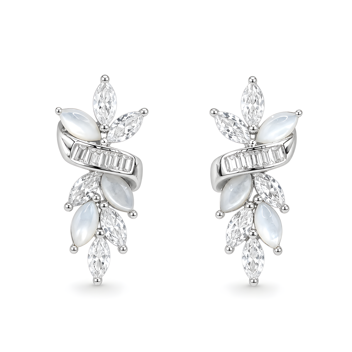 A pair of silver-toned leaf-shaped stud earrings featuring marquise-cut and baguette-cut clear cubic zirconia.