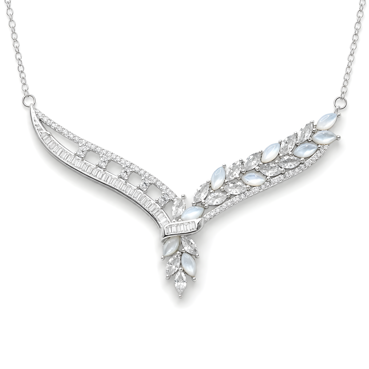 A sterling silver necklace featuring a wing-like pendant adorned with clear baguette and marquise-cut stones, plus pale blue oval and round stones.
