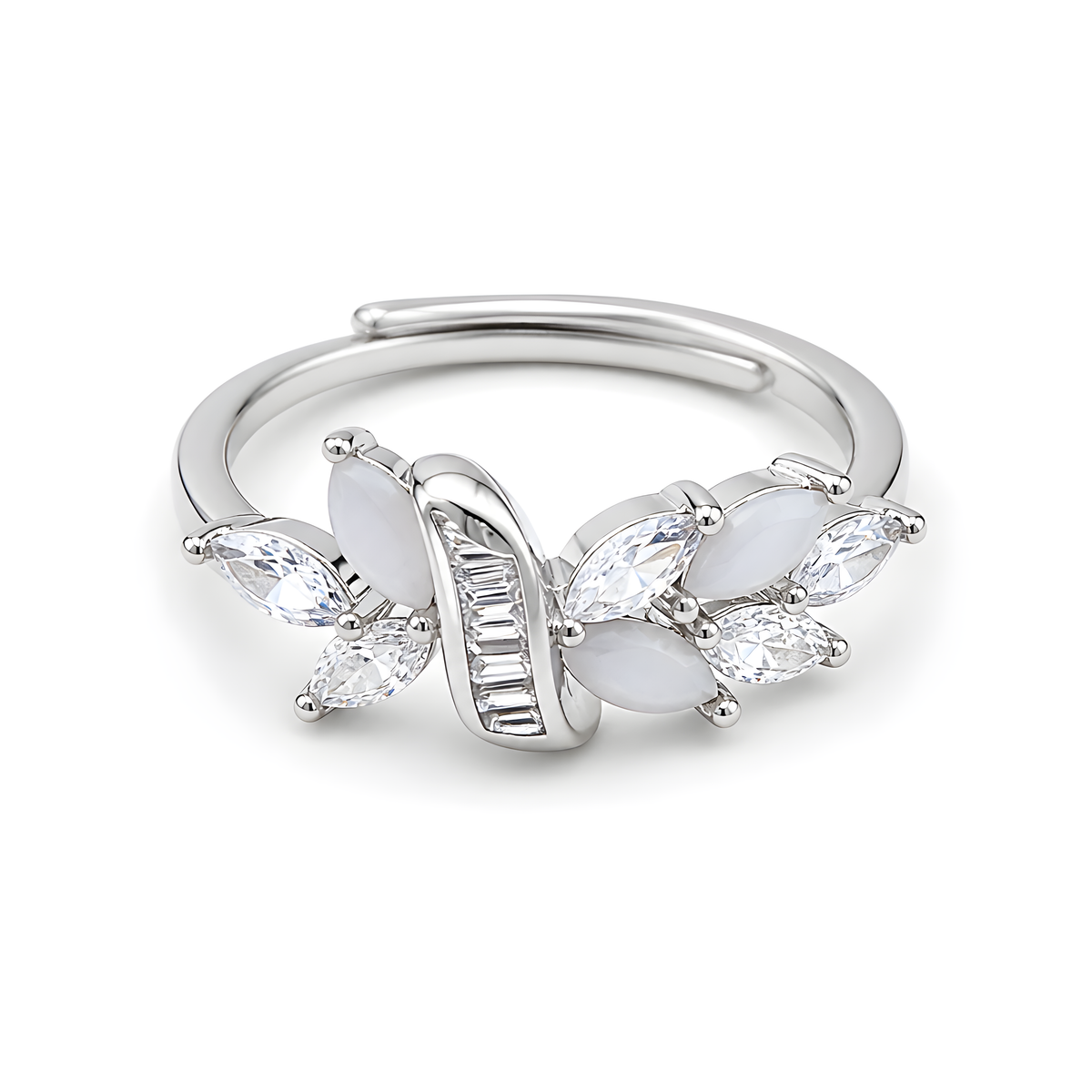 A silver butterfly ring featuring clear marquise and round-cut stones.