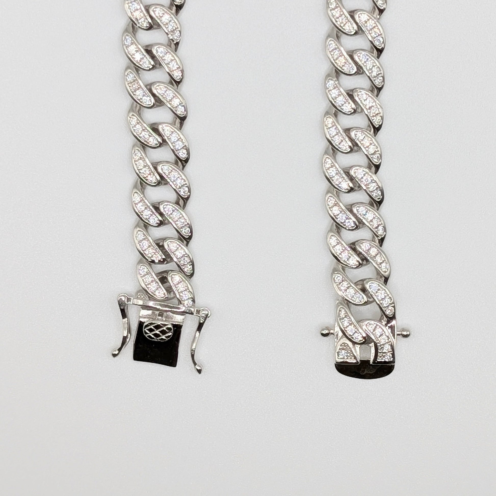 Sterling Silver Iced Curb Cuban Chain Bracelet Clasp Closure.