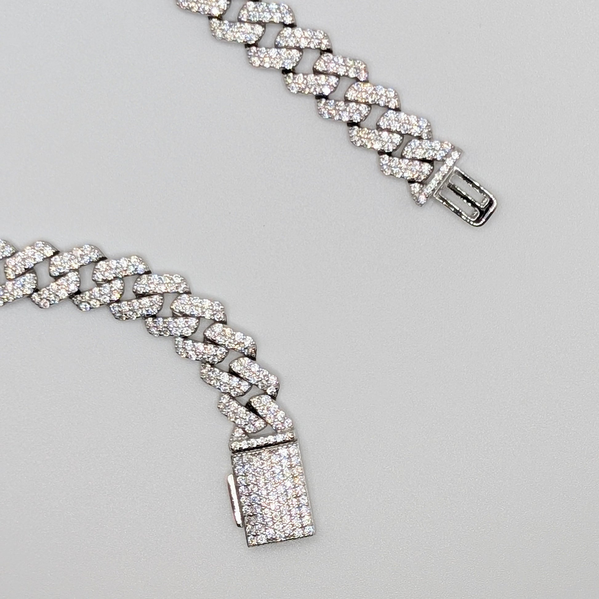 Sterling Silver Iced Curb Cuban Chain Bracelet Box Clasp Closure.