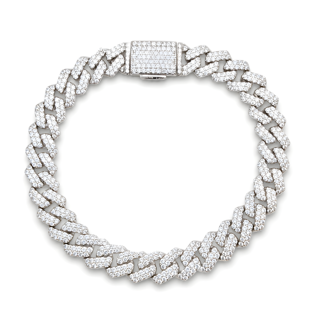 A silver-toned Cuban link chain bracelet paved with clear cubic zirconia stones.