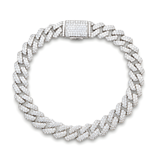 A silver-toned Cuban link chain bracelet paved with clear cubic zirconia stones.
