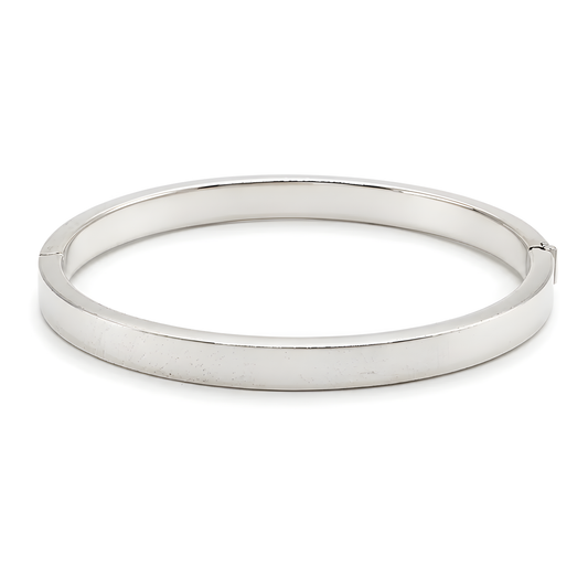 A minimalist, polished sterling silver bangle bracelet.