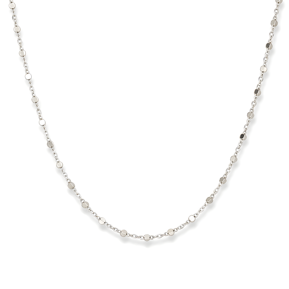 A delicate silver chain necklace featuring small, irregularly shaped metallic beads spaced along the length of the chain.