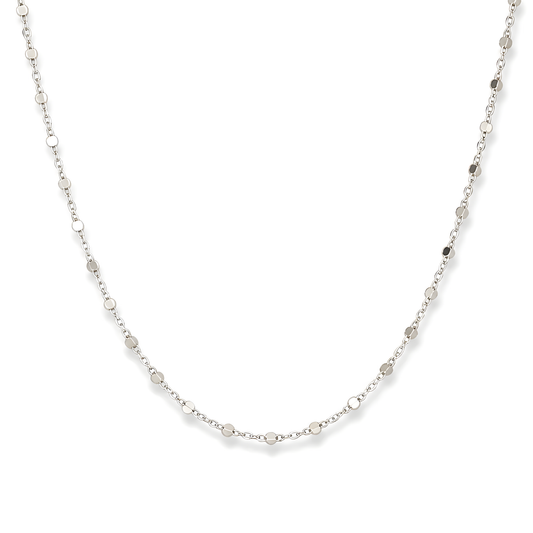 A delicate silver chain necklace featuring small, irregularly shaped metallic beads spaced along the length of the chain.