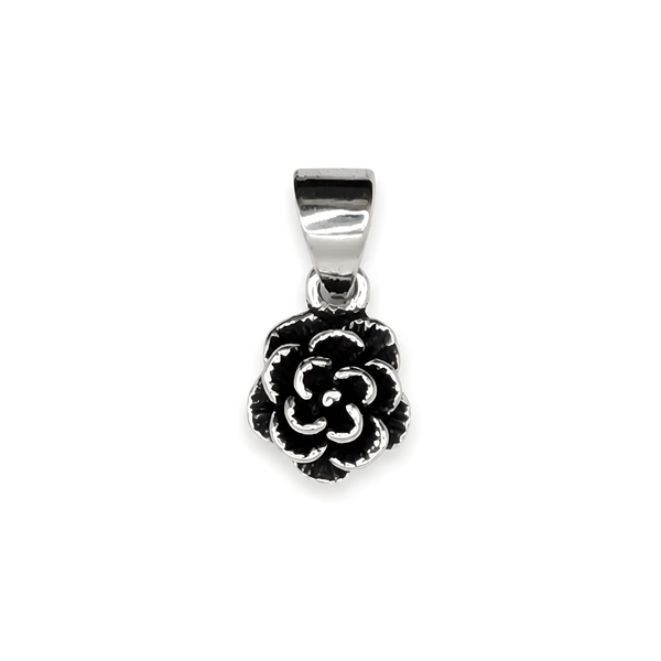 A sterling silver rose pendant featuring oxidized black design.