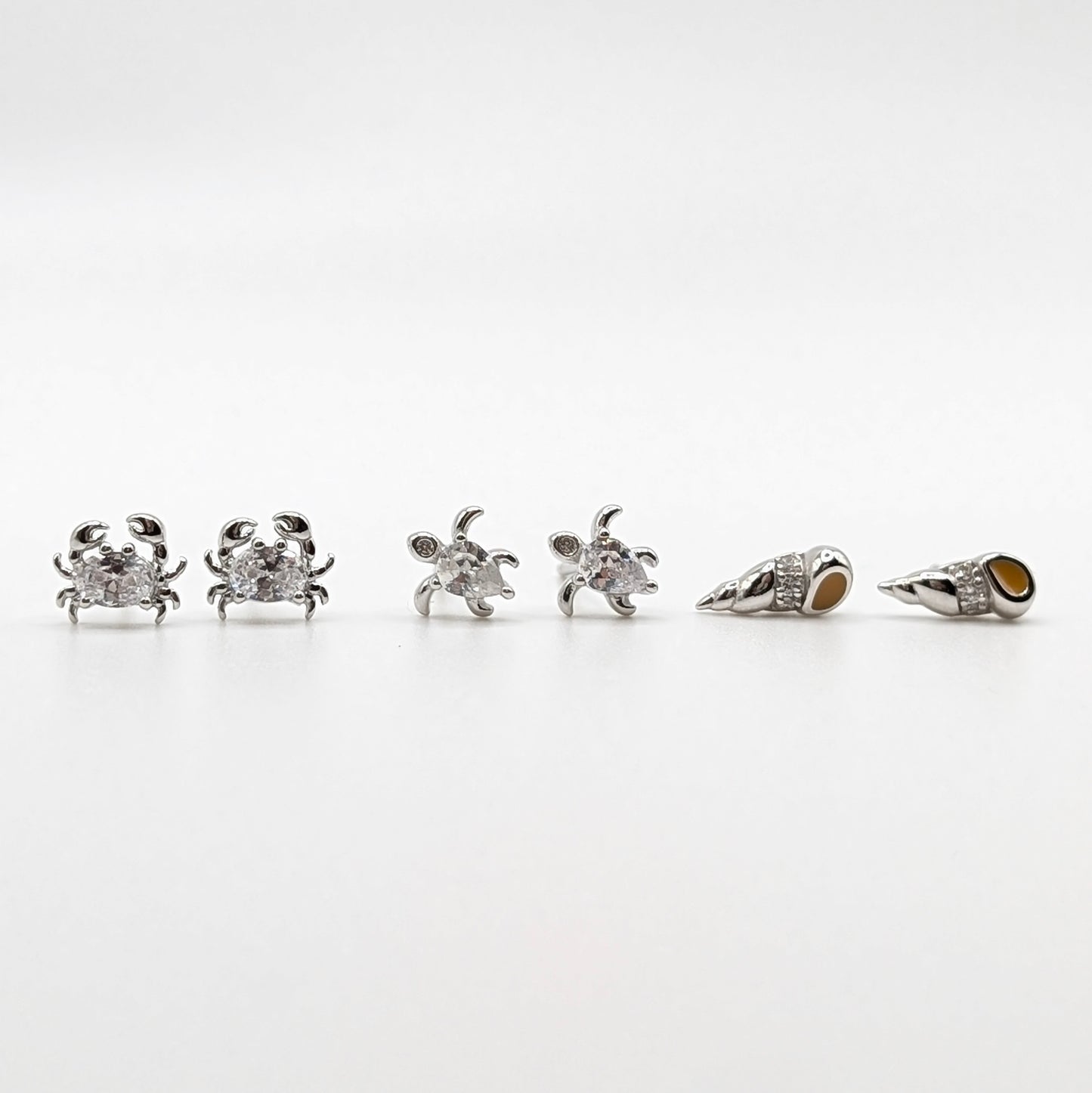 925 Sterling Silver Sea Life Studs - Turtle, Crab & Shell Earrings