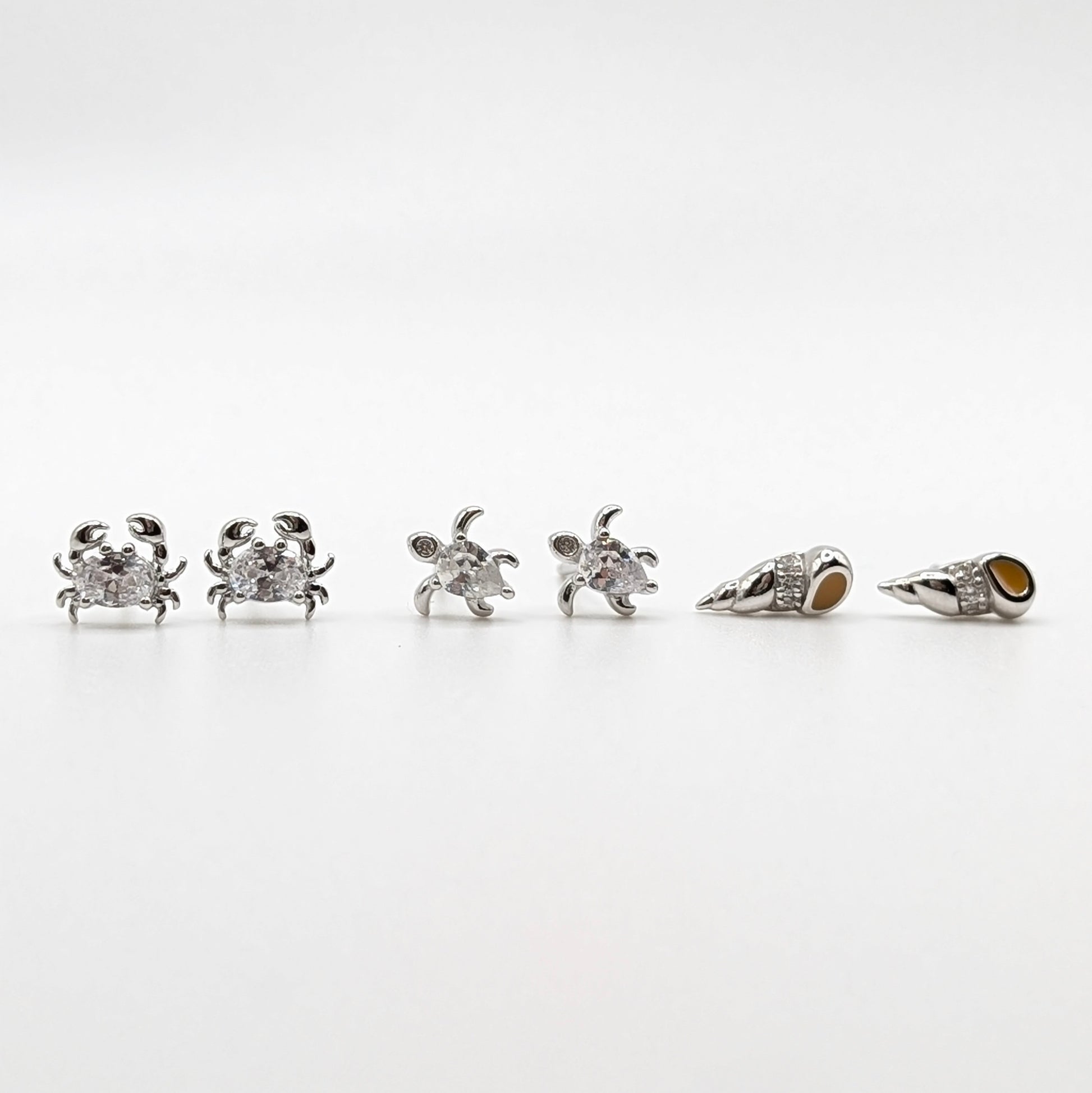 925 Sterling Silver Sea Life Studs - Turtle, Crab & Shell Earrings