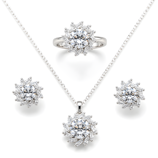 A sterling silver jewelry necklace set with pendant, earrings and a ring, shaped like a sunflower.