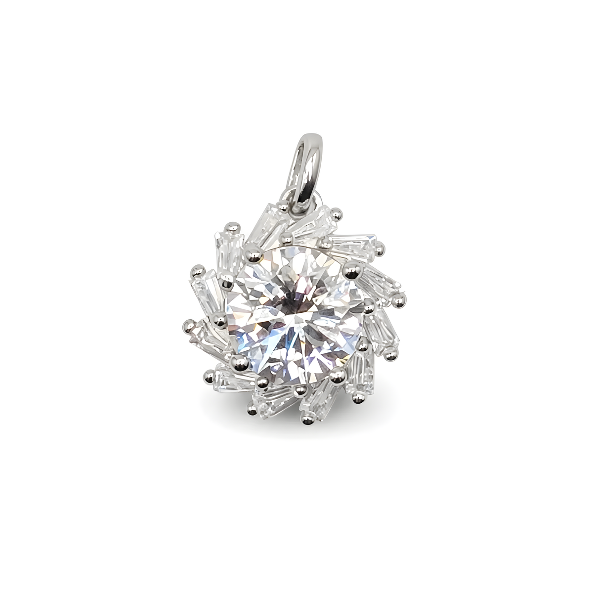 A sterling silver pendant shaped like a sunflower featuring clear cubic zirconia. 