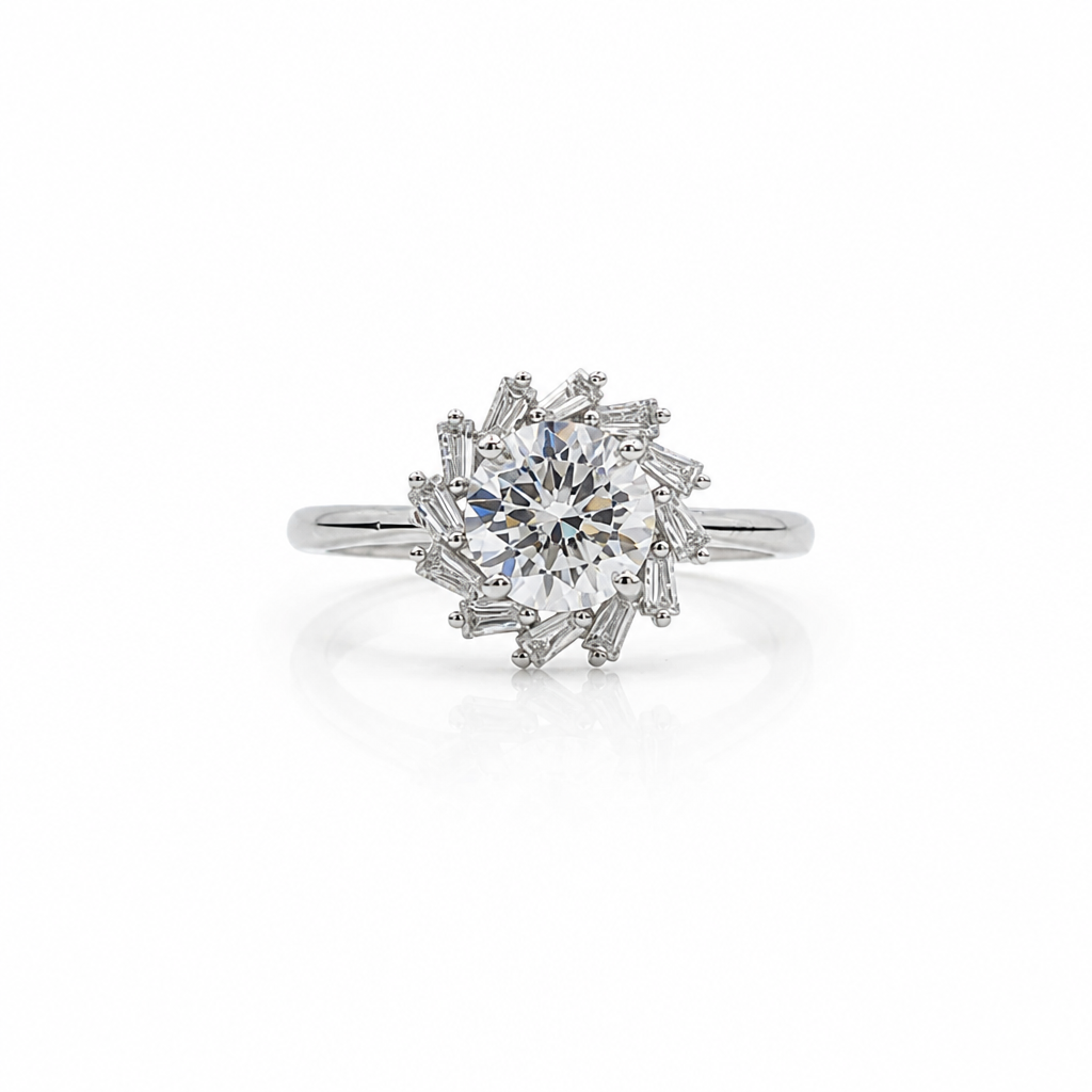 A 925 silver ring featuring a central round brilliant-cut diamond surrounded by a halo of baguette and round cubic zirconia.
