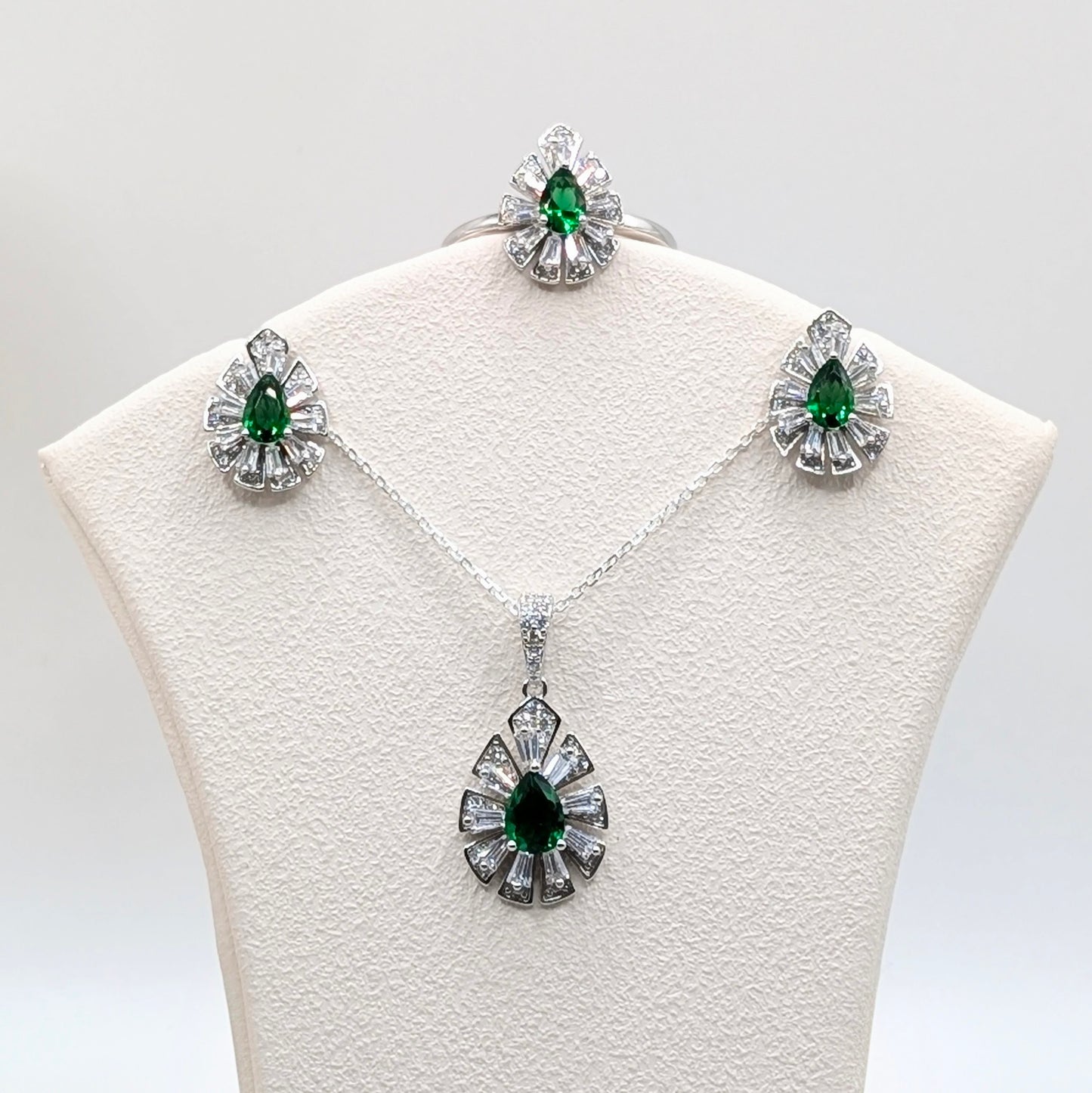 925 Sterling Silver Teardrop Necklace Set with Pendant, Earrings and a Ring