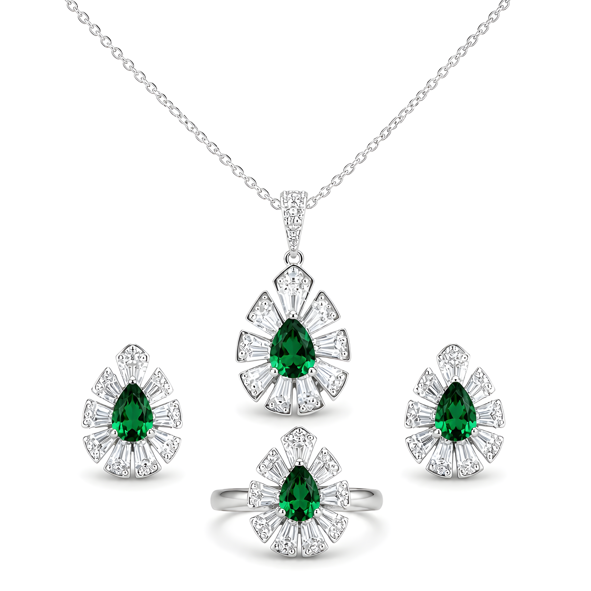 A silver jewelry set featuring a pendant necklace, ring, and two matching earrings, each with a green teardrop zirconia surrounded by clear stones in a floral burst.