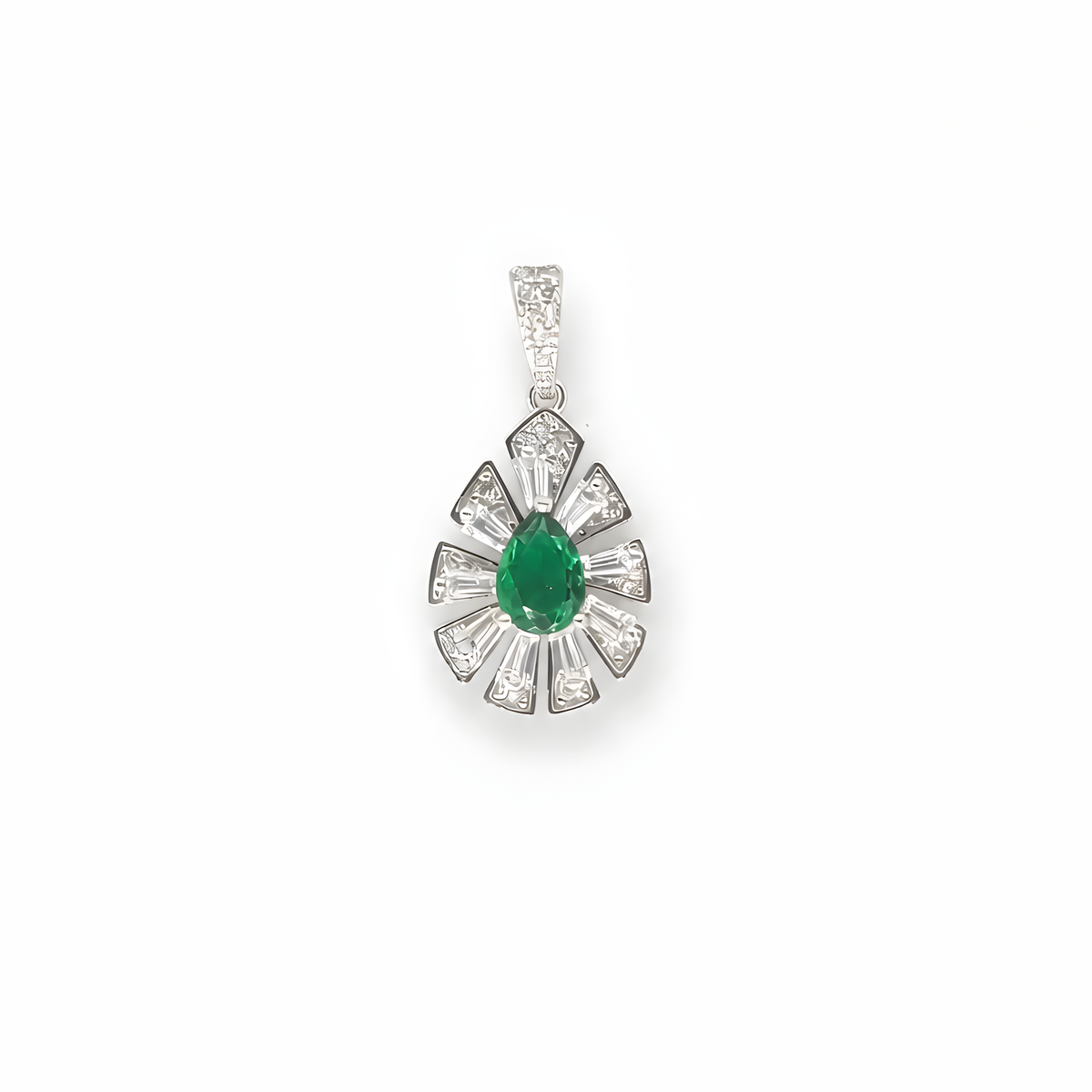 A silver teardrop pendant featuring a central green oval emerald stone surrounded by a fan-like arrangement of clear baguette and round-cut zirconia.
