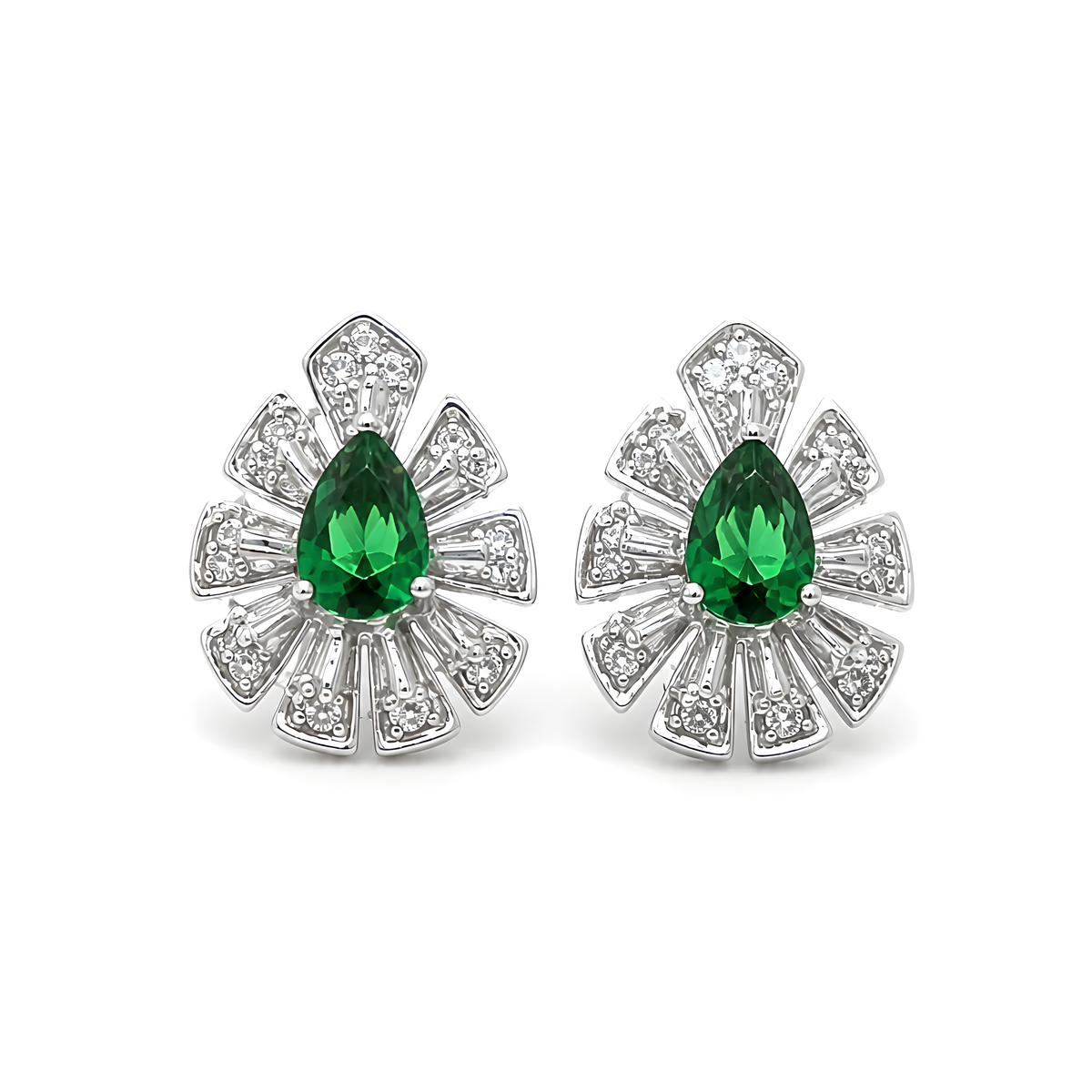 A pair of silver-tone stud earrings featuring a central green teardrop-cut gemstone surrounded by a fan-like arrangement of small clear cubic ziirconia.