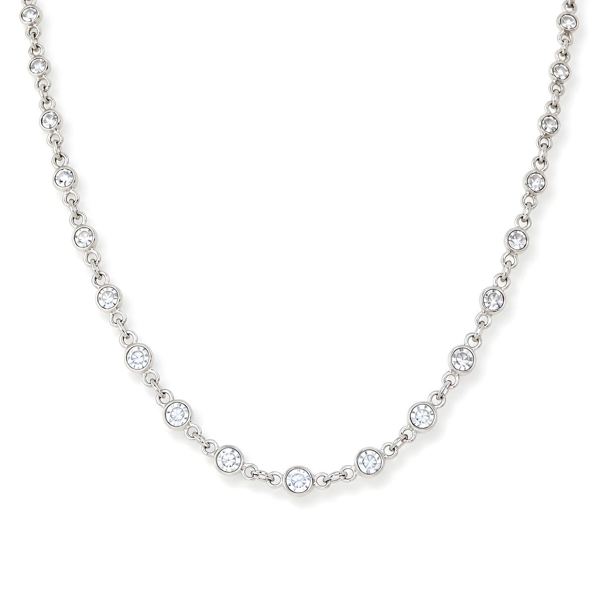 A sterling silver necklace featuring small cubic zirconia in round shape.